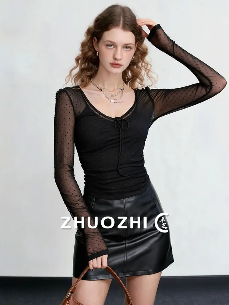 

Сексуальная черная футболка с длинным рукавом и U-образным вырезом, облегающая, с французским дизайном, с отверстиями для ремня, влагоотводящая.