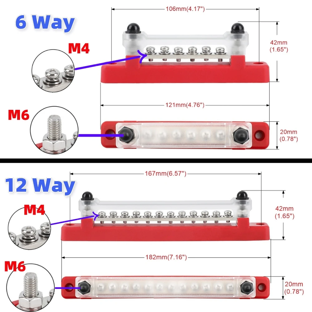 Power Distribution terminal block 250A Terminals Bus Bar 12v M6 M8 Battery Positive Negative Busbar Stud for Camper RV Boat