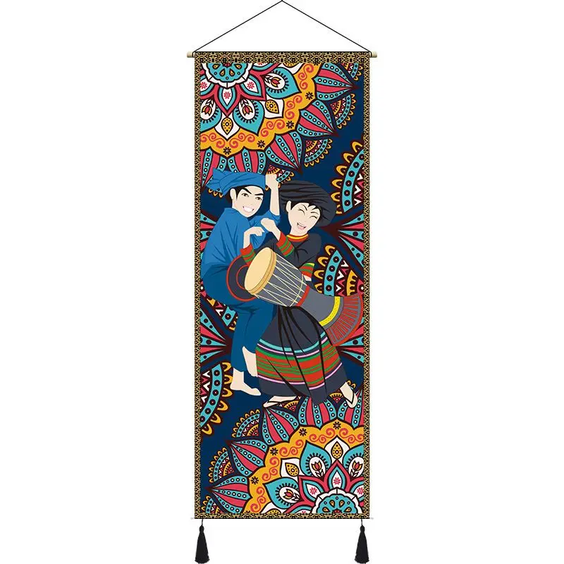 VIKAMA Ethnic Drum Dance Wall Scroll Tapestry Folk Mandala Tassel Polyester Wall Hanging Bedroom Living Room Home Decor