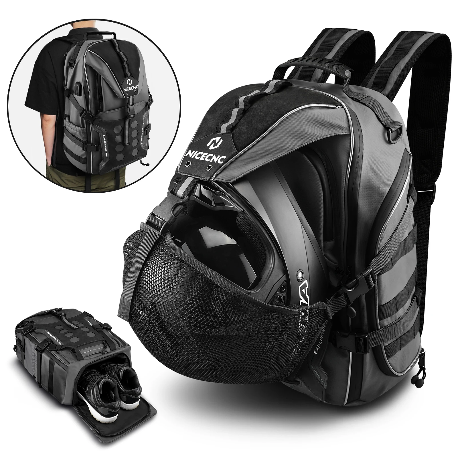 Zaino da moto per motociclista Borsa portaoggetti per casco da moto impermeabile da 35 litri con porta di ricarica USB Zaino da viaggio da uomo