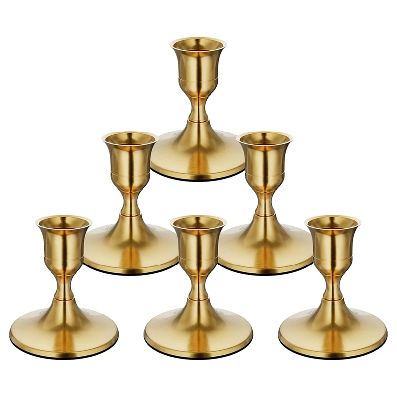 6PCS Brass Gold Taper Candle Holders, Vintage Metal Candlestick Holders For Dinner Room Table Centerpiece Or Mantel