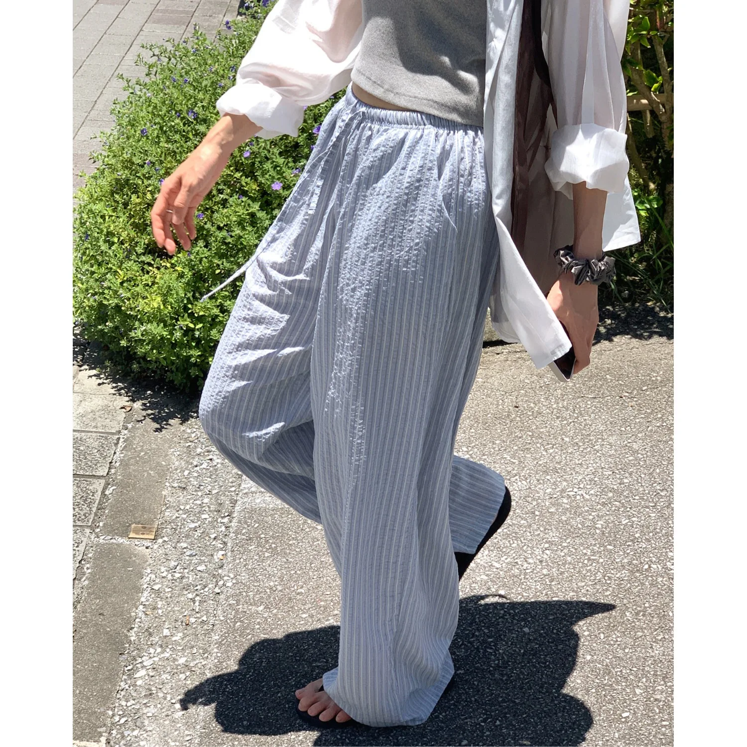 Skin-Friendly Breathable Korean Style Long Pants Women's Floor-Length Drawstring Loose Fit Casual Striped Pants