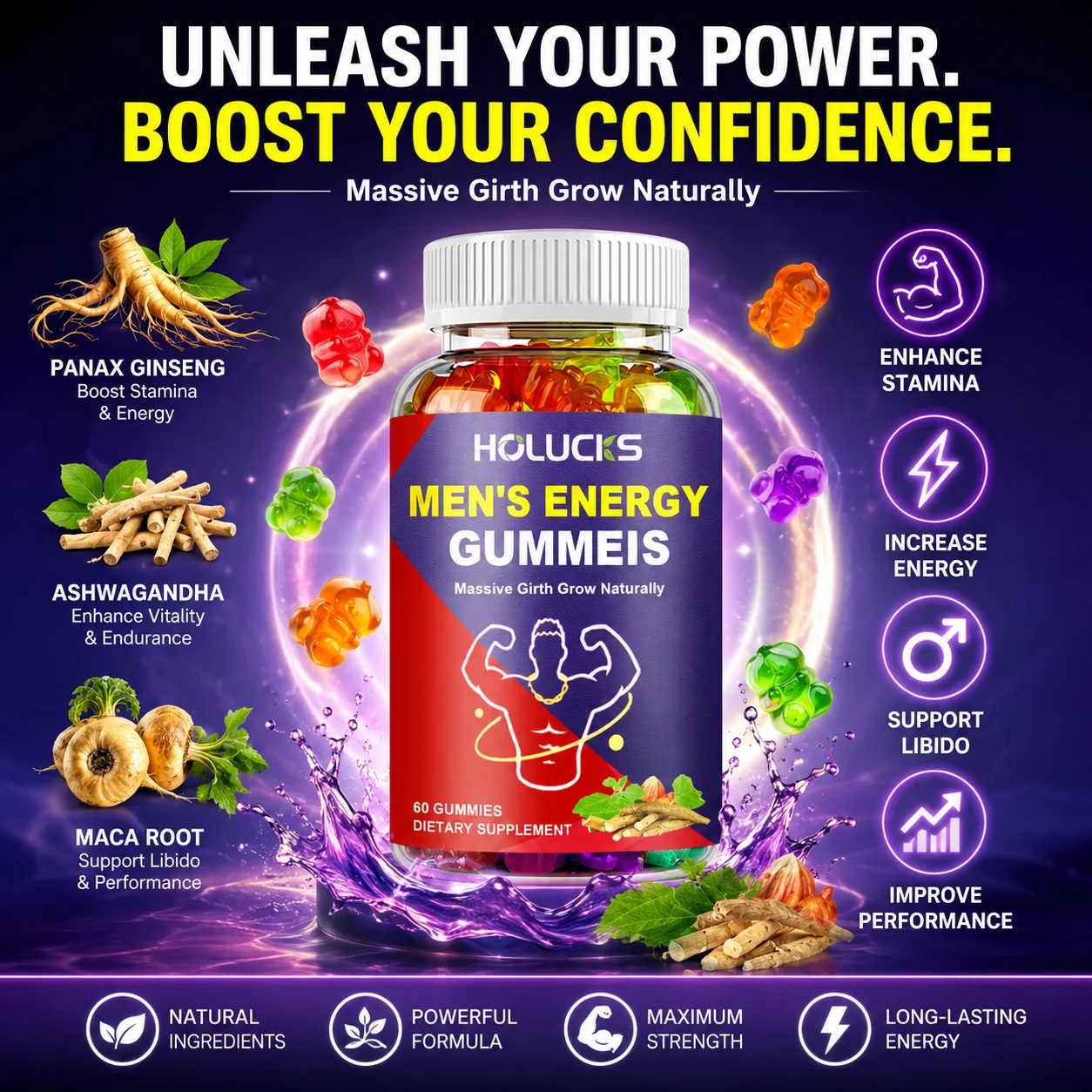 Massive Girth Gummies for Men, with Ashwagandha Maca Root, for Muscle Growth, Stamina & Performance, Immune Energy Support