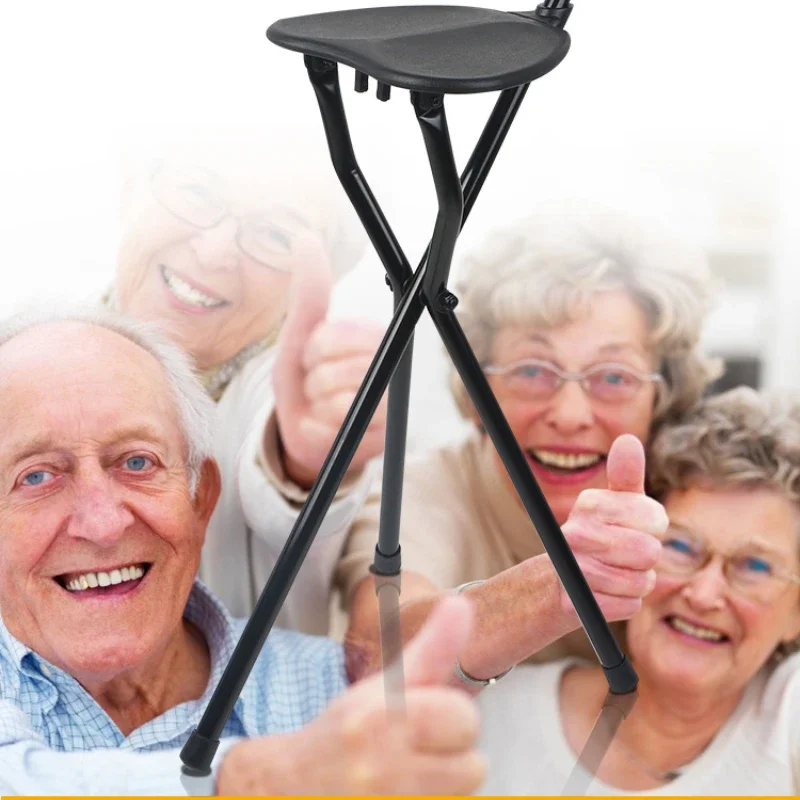 Stable Three-Legged Elderly Crutches Chair Aluminum Foldable & Multifunctional Portable Walking Stick