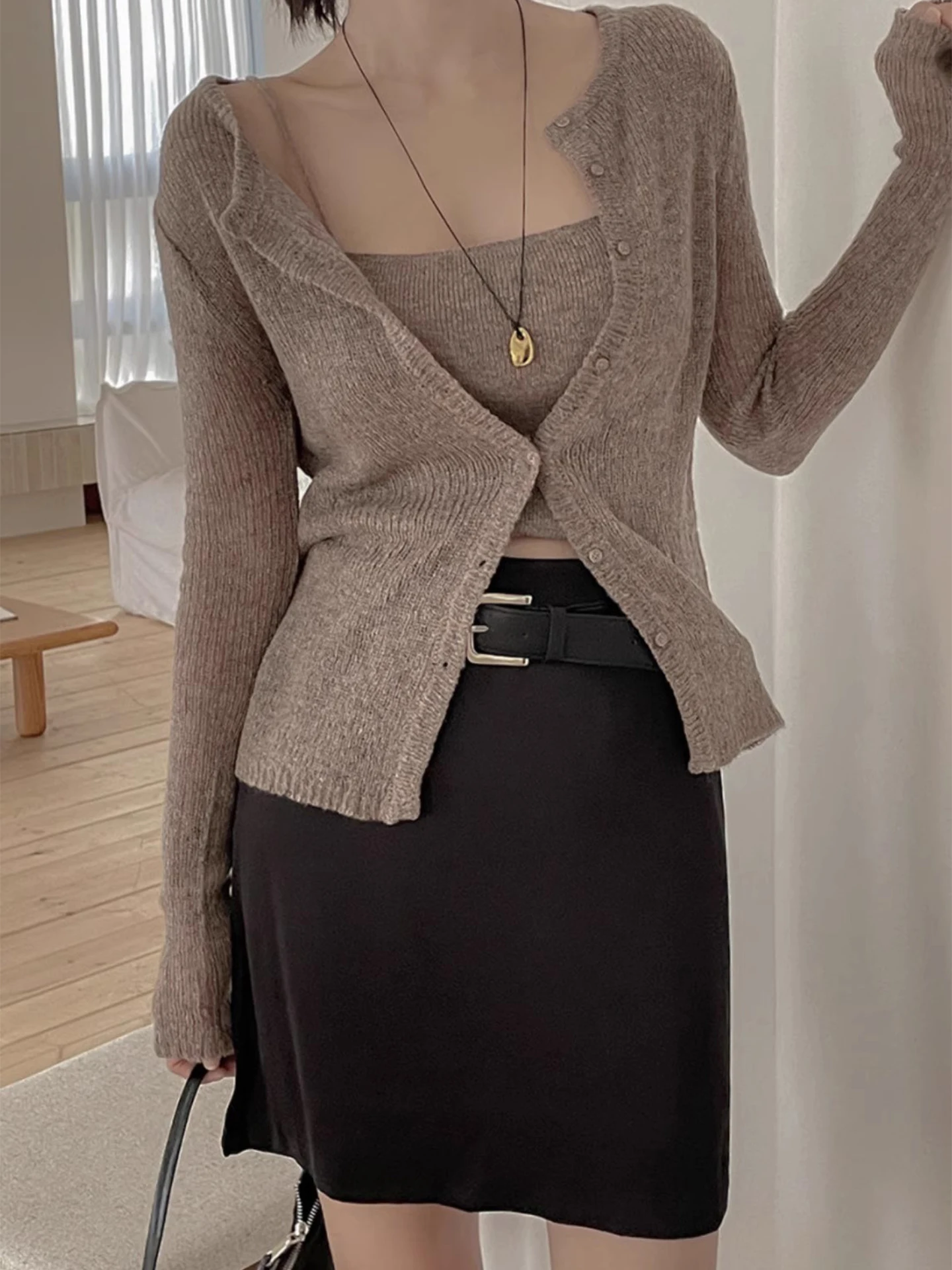 

Faion Slim Fit вязаный жилет комплект женский легкий открытый кардиган свитер верхняя одежда с высокой талией однотонный осенний Новое поступление