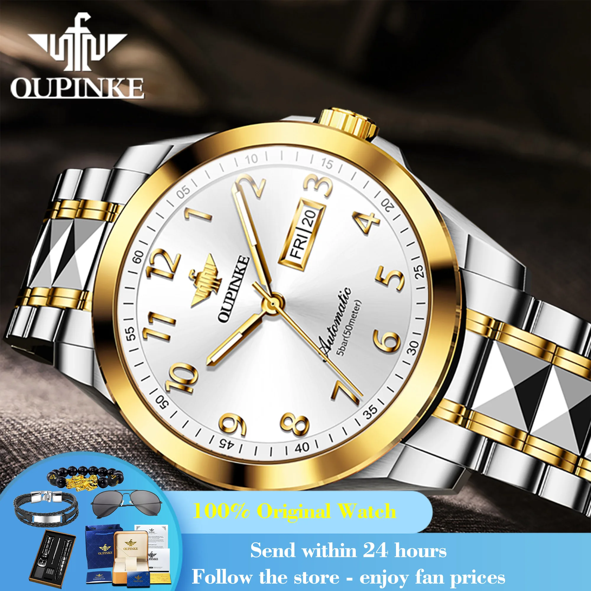 

OUPINKE 3228 Man Watch Number Scale Dual Calendar Mechanical Watch For Men Sapphire Mirror Top Brand Waterproof Men's Wristwatch