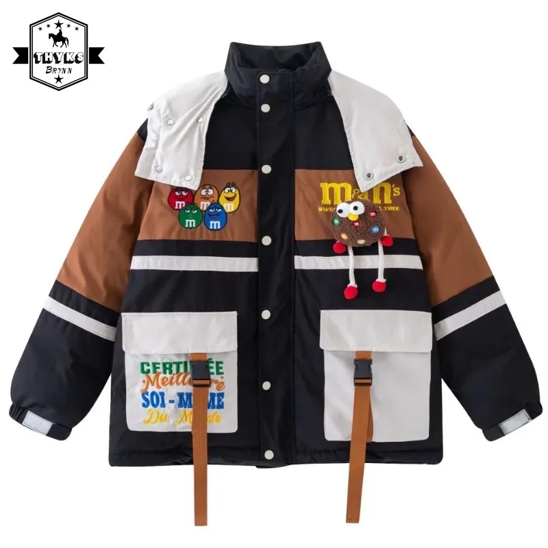 Winter Warm Hooded Parkas Men Women Kawaii Cartoon Letter Embroidery Thick Cotton Padded Patchwork Coats Harajuku Outwear 2024