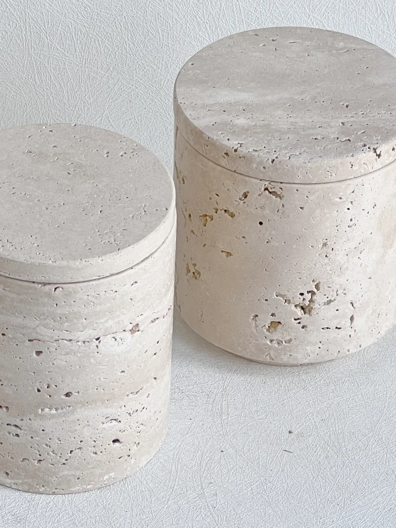 D9X11.5CM Wabi-sabi Beige Travertine Marble Jars Stone Vessel Storage Candle Tank with lid and boxes Packaging