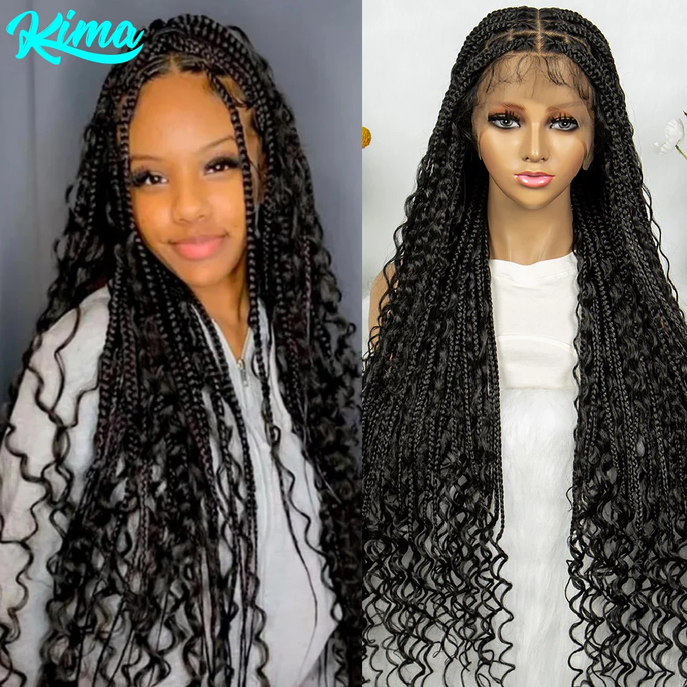 KIMA Synthetic  Crochet Boho Braiding Wigs Full Lace Wigs 36 inches Knotless Box Curly Wigs for Black Women