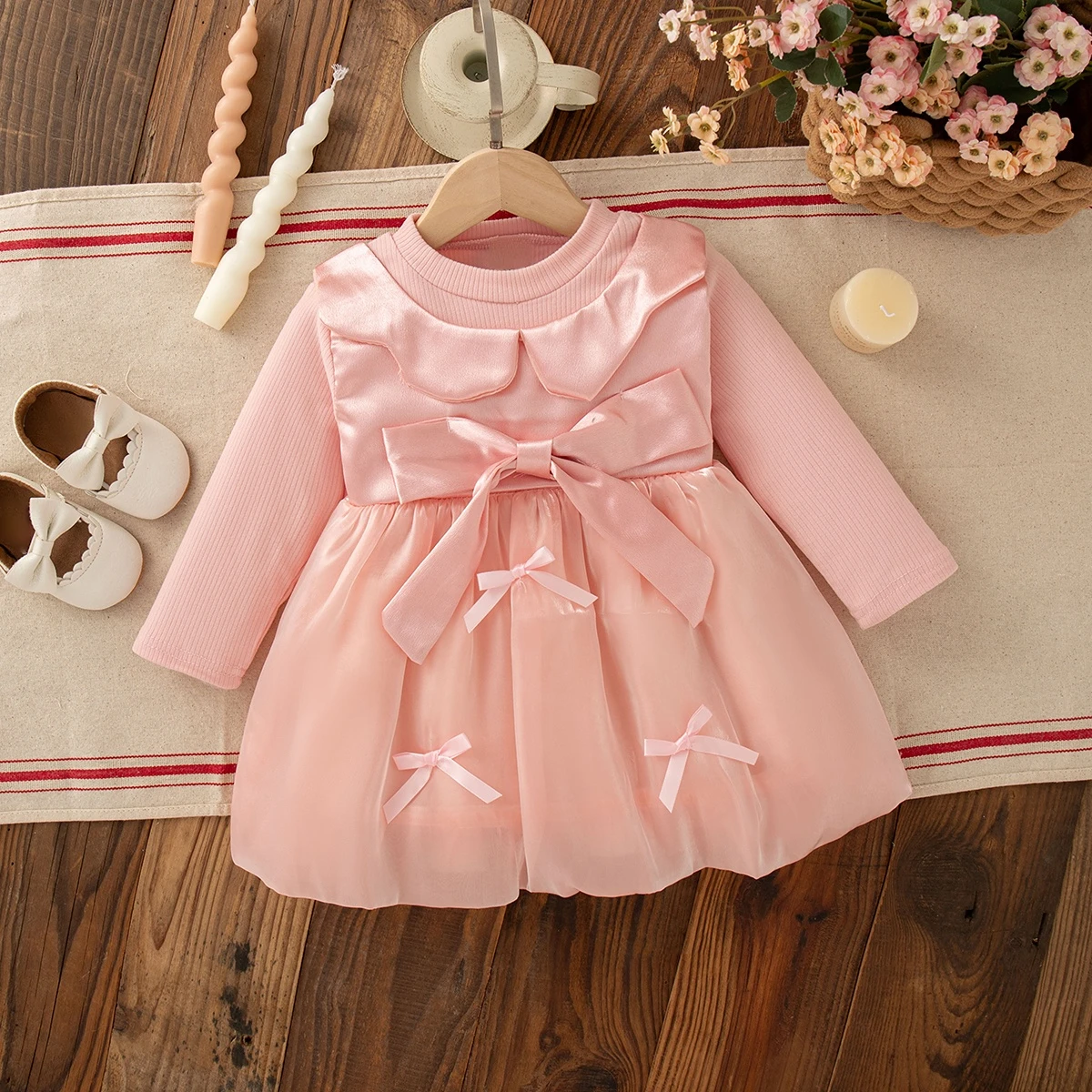 Baby Dresses Spring And Autumn Long Sleeved Bow Solid Color Round Neck Mesh Baby Girl Dresses Sweet And Casual Baby Clothing