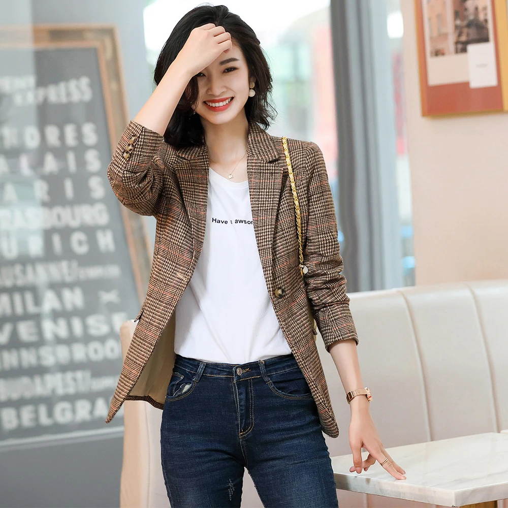 Women Plaid Blazers Female Outerwear Casual Coat Work Office Lady Elegant Brown Gray Jackets Clothing