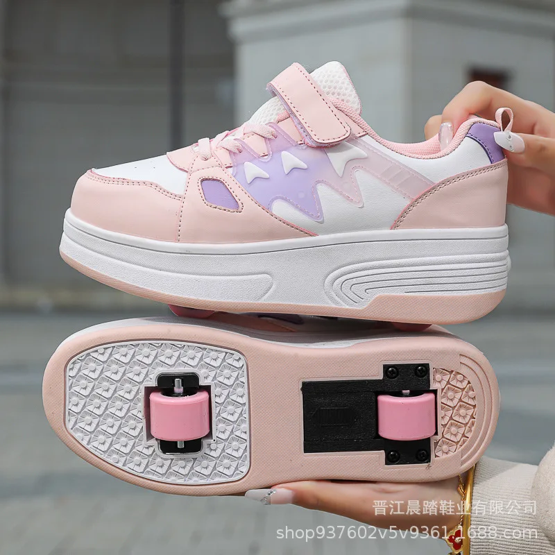 Children Two Wheels Roller Skates Shoes Boys Girls Flying Shoe Adult Kids Push-Along Rollers for Indoor Outdoor Use