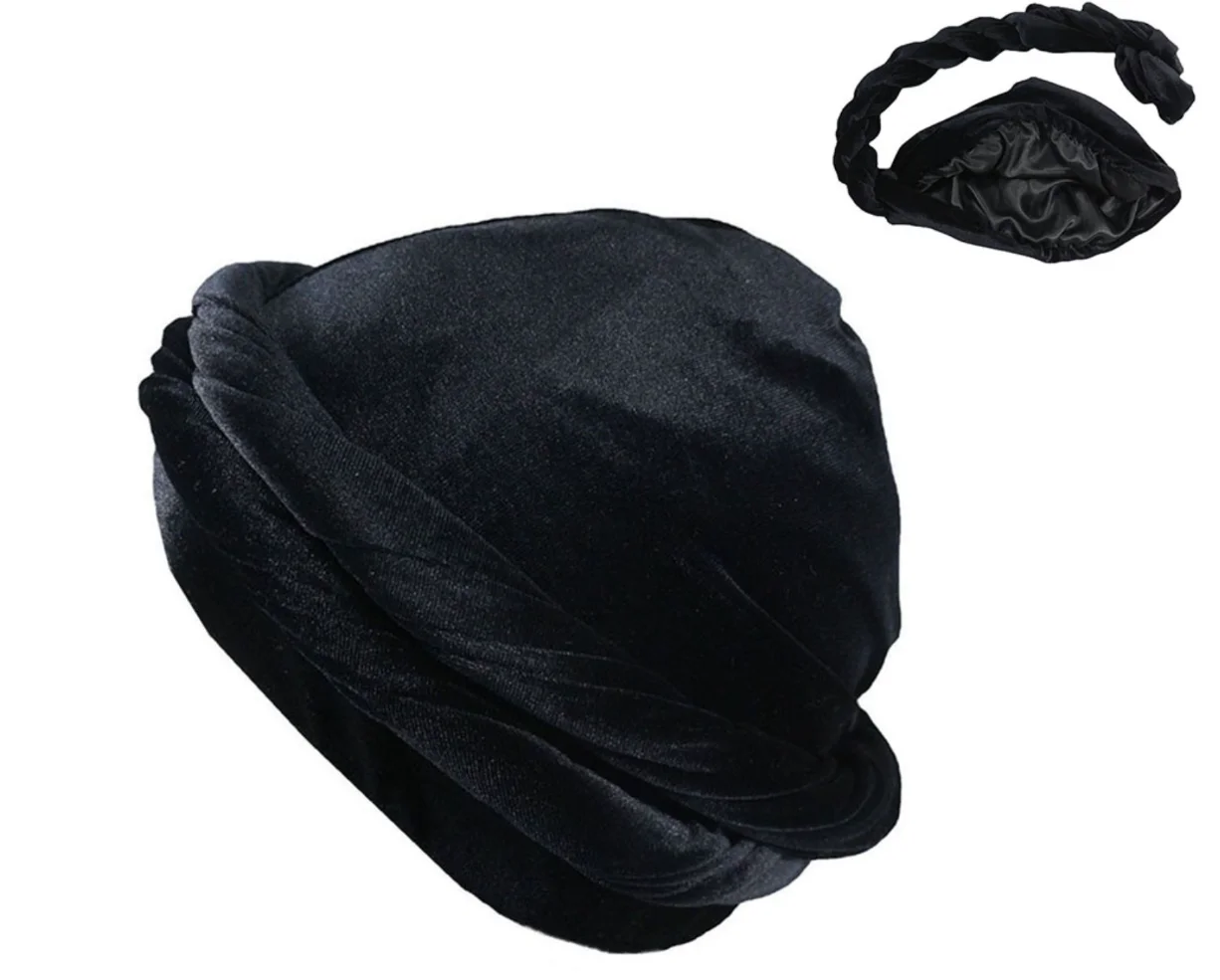 Men Turban Hat Satin Lined Headwrap Cap For Men Indian Velvet Elastic Stretchy Hip Hop Caps Halo Headscarf Comfy Chemo Hats