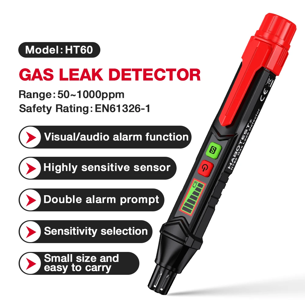 HT60 Gas Leak Detector Natural Gas Detector with Audible & Visual Alarm Portable Gas Sniffer to Locate Combustible Leak