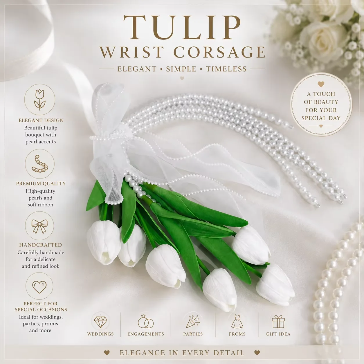 White Tulip Wrist Corsage, Artificial Real Touch Tulip Wrist Flower with Pearl Chain Organza Ribbon for Wedding Bridesmaid Prom