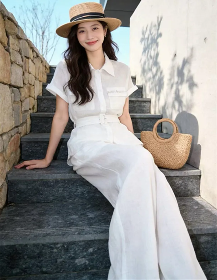 Customization European women's clothing for summer 2026 Short-sleeved button-down linen shirt Wide-leg pants set image 5
