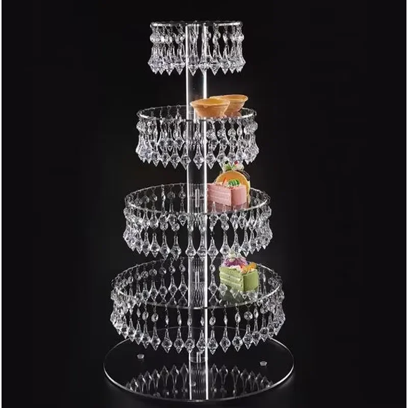 5 Tier Acrylic Cake Stand with LED Light String Crystal Pendant Wedding Party Dessert Display Rack 3mm Clear Fashion