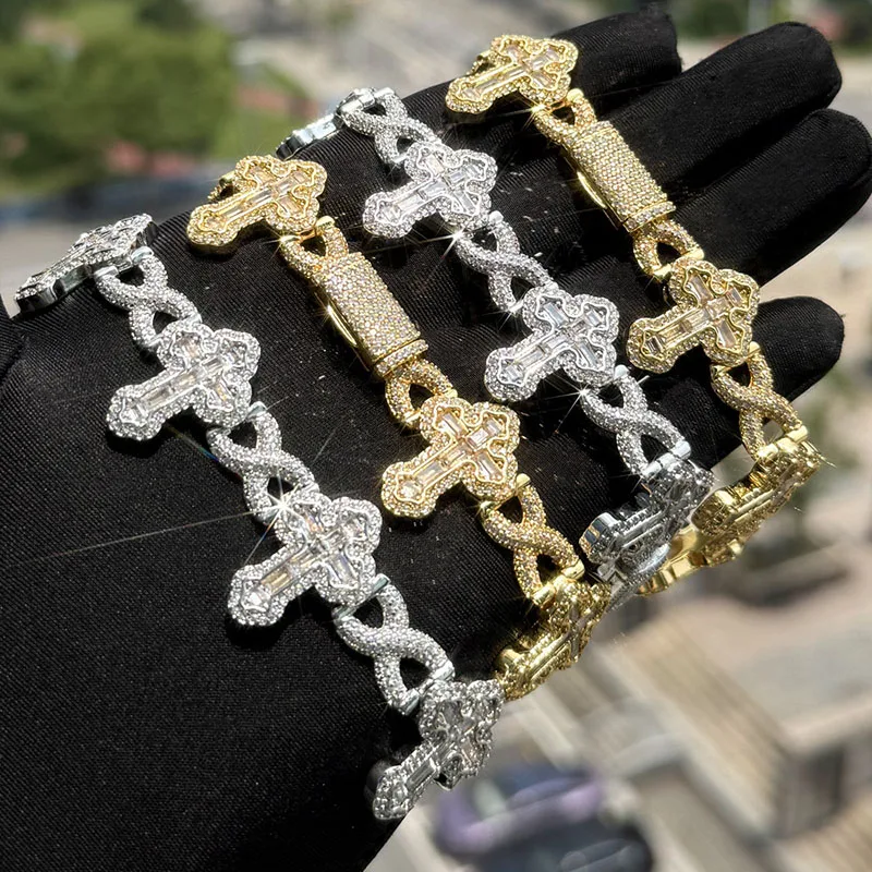 Hip Hop CZ Stone Bling Iced Out Infinite Cross Bracelet for Women Men Unisex Rapper Jewlery Gold Silver Color
