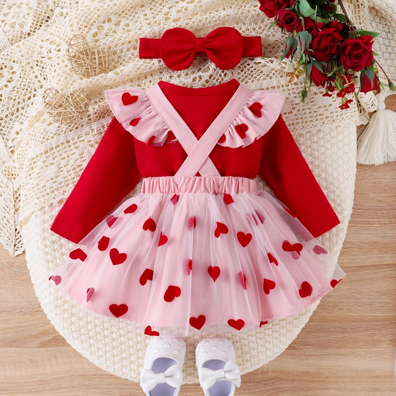 Newborn Baby Girls Clothes Sets Long Sleeve Romper + Cartoon Suspender Skirt + Headband 3pcs Outfit Set Valentine\'s Day