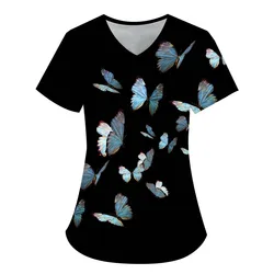 Women's Fashion Short Sleeve Clothing Butterfly Element 3D Printed V-Neck T-shirt Pocket Work Clothing Medical Nurse Clothing