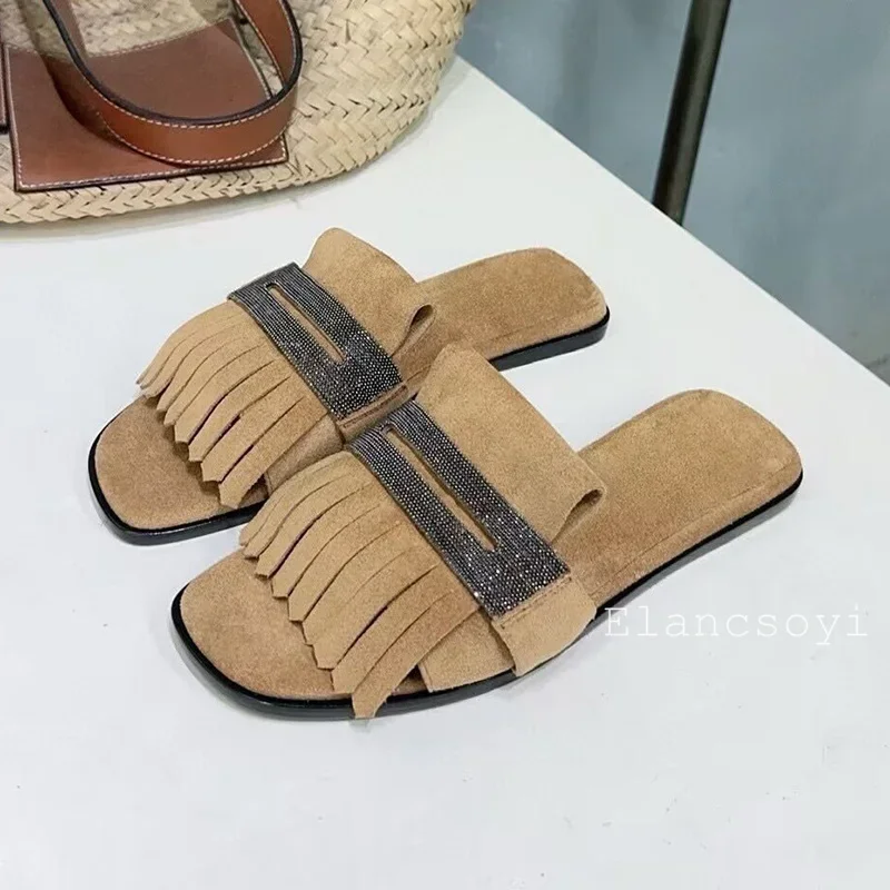 Metal String Bead Decor Kid Suede Tassels Flat Bottom Slippers Women Open Toe Lazy Sandals Ladies Summer Outdoor Vacation Shoes view 5