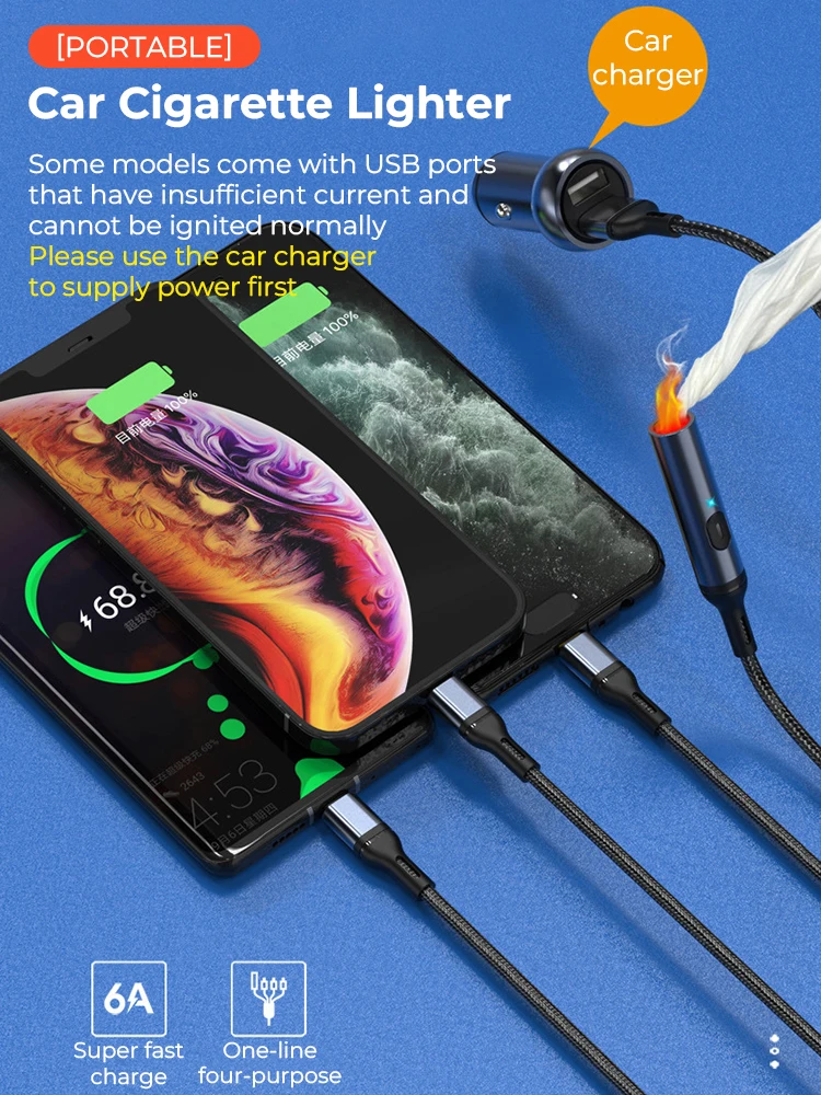 

4 in 1 USB Car Cable With Cigarette Lighter Charger car for android fast quick charge with cable for iphone Samsung Xiaomi Redmi