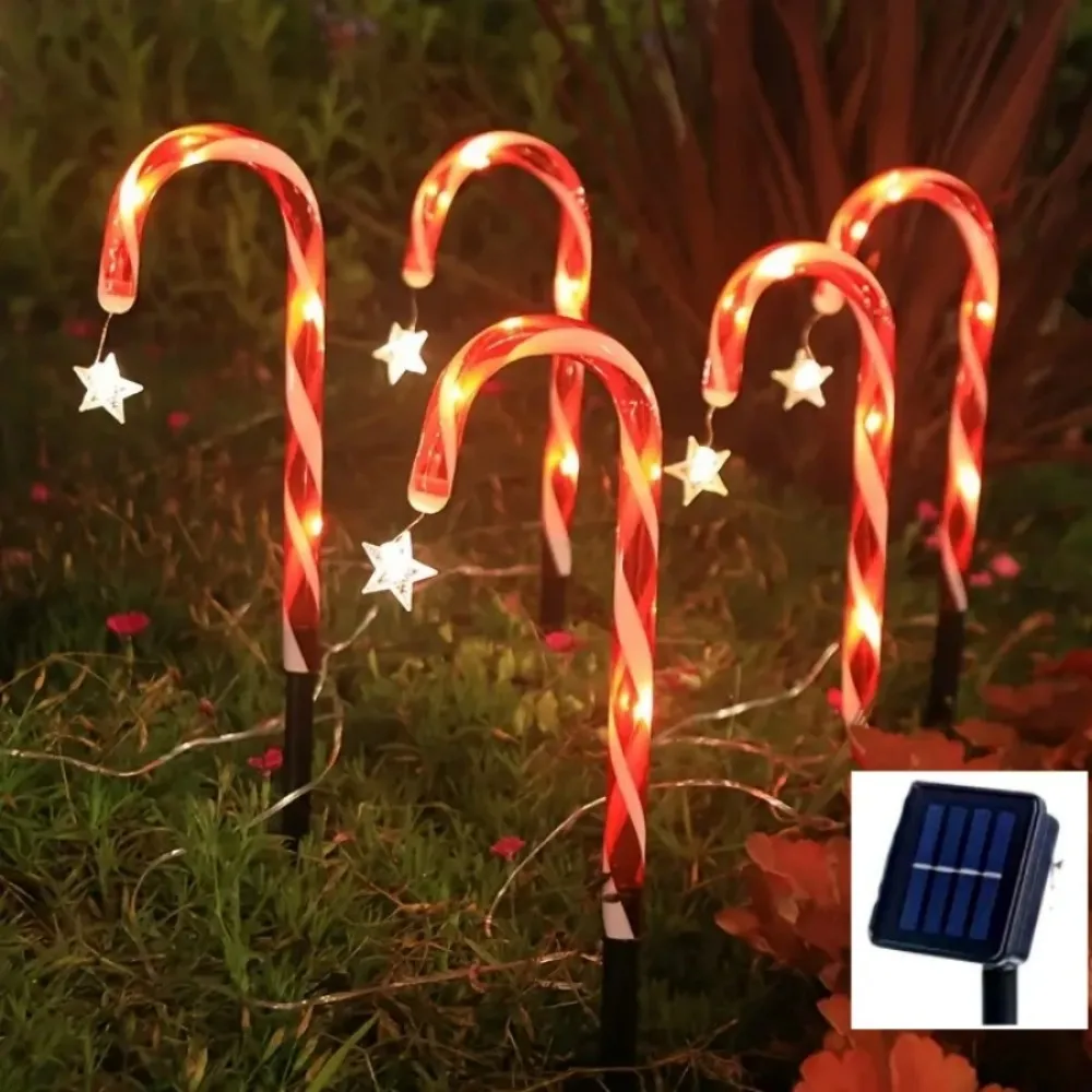 5/8PCS Solar Candy Cane Garden Stake Lights with Stars, LED Pathway Lawn Lamp, Outdoor Courtyard waterproof Christmas decoration