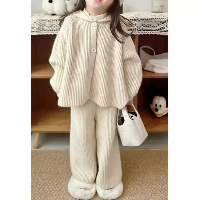 

Children's Sweater Set Autumn/Winter Girls' Hooded Knitted Cardigan Coat Wide Leg Pants Two Piece Set Kids Outfits