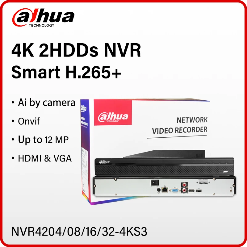 Dahua 2HDDs 4K NVR 8 16 32CH NVR4208-4KS3 NVR4216-4KS3 NVR4232-4KS3 Supports EPTZ SMD Plus 12MP 8MP 4MP Camera Smart H.265+ HDMI