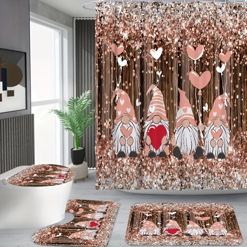 Pink Gnomes & Hearts Sequin Shower Curtain Set - Fade-Resistant Polyester Bathroom Decor with Hooks, Non-Slip Rug, U-Shaped Mat,