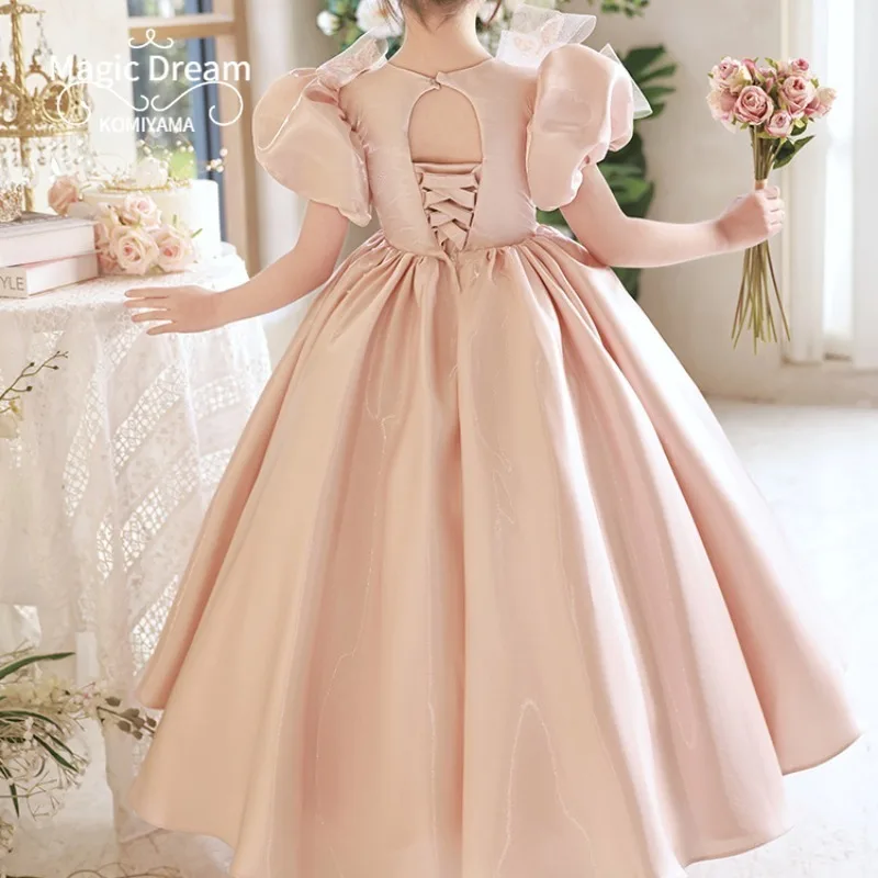 Customized Appliqué O-neck Puff Sleeve Kids Birthday Party Vestidos Slim Waist Pleated Flower Girls Dress Elegant Sweet Princess