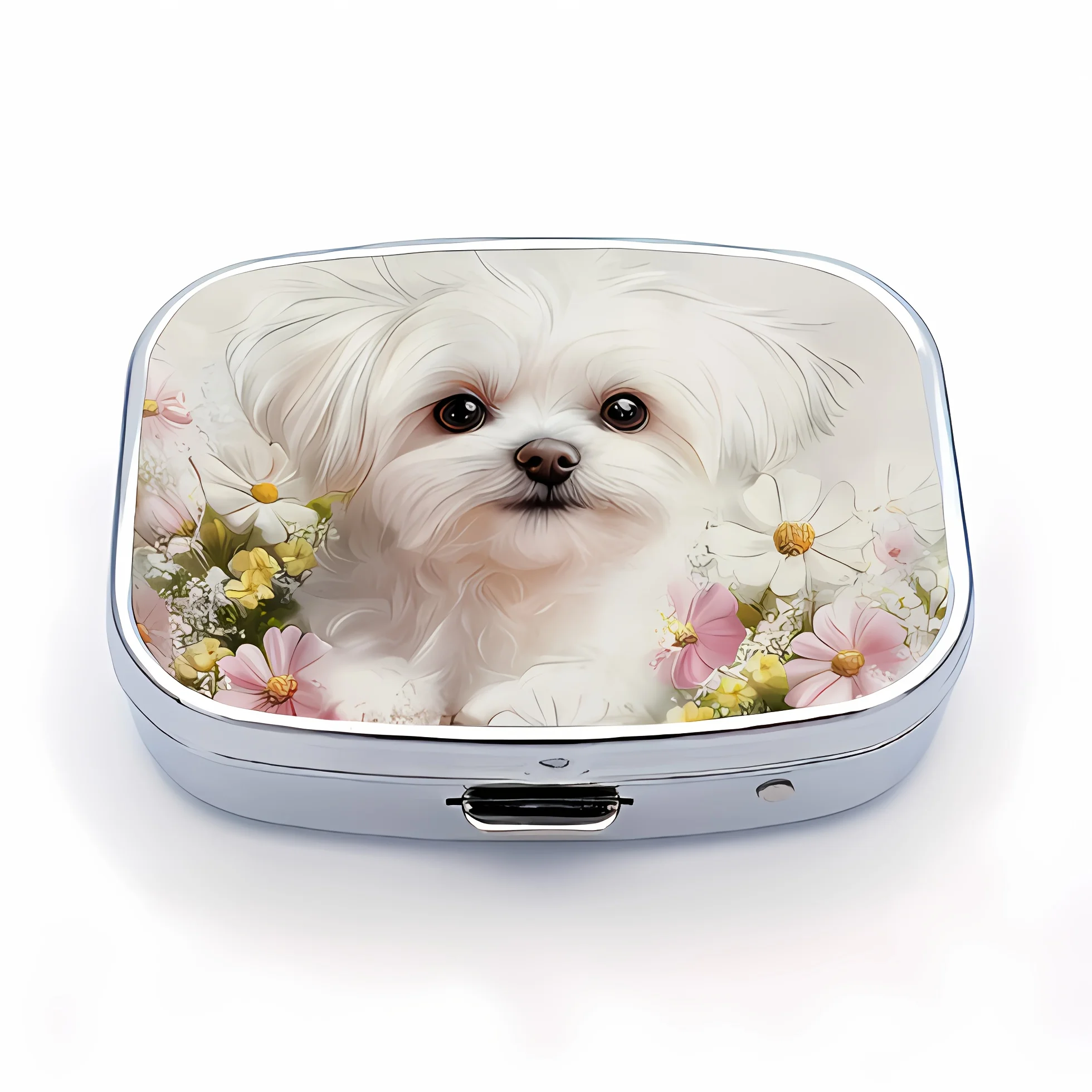 1 Square Portable Metal Pill Box with Cute Maltese Dog Design, 2-Compartment Pill Box, Dual-Purpose Wallet and Pill Box—Essential for Travel