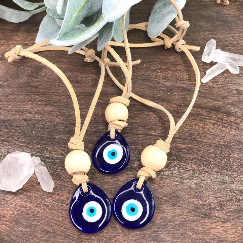 Handmade Turkish Evil Eye Car Hanging Decoration with Blue Eye Wood Beads and Leather Cord for Home Decor Room Wall Decoration