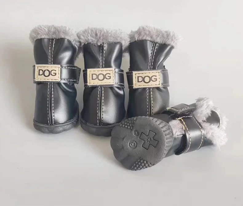 4Pcs Warm PU Dog Shoes Pet Winter Snow Boots Soft Waterproof Small Dog Shoes Plush Non Slip Soft Dog Boot Dogs Accessories