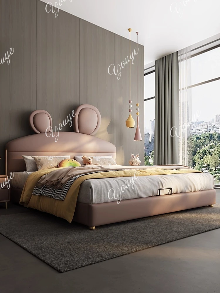 

Modern Simple High-end Luxury Pink Solid Wood Little White Rabbit Ears Leather Children's Bed Bedroom
