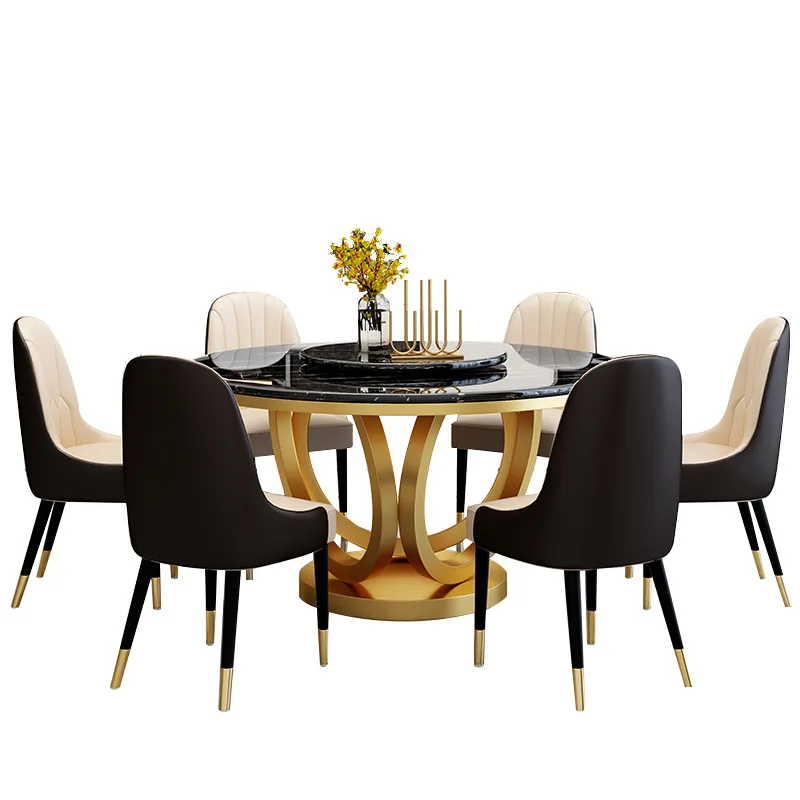 Leichter Luxus, Steinplatte, Esstisch, schlicht, modern, runder Tisch, Marmor, Edelstahlstuhl