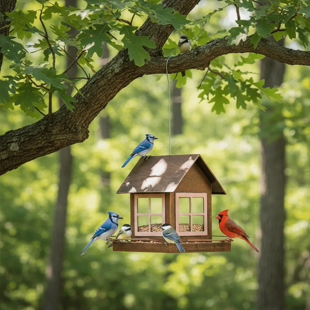

Bird Raising Tool Hanging Bird Feeder House Shape Windproof Bird Food Bowl Large Capacity Metal Bird Feeding Equipment Backyard