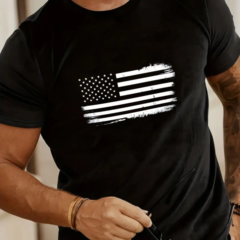 

Men's T-Shirt Black American Flag Print High Quality Cotton 180g