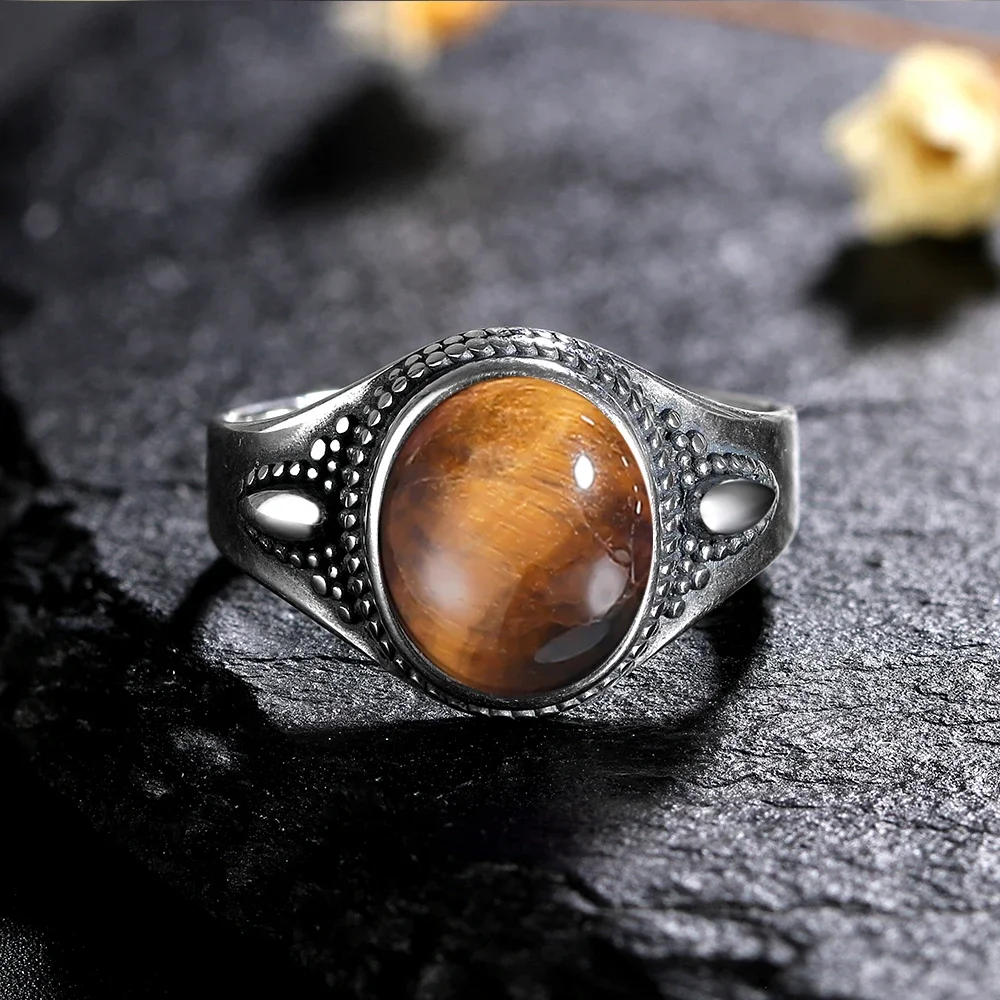 Natural Stone 925 Sterling Silver Ring Big Oval Tiger Eye  Stone Retro Engagement Wedding Party Gift for Men Women Jewelry