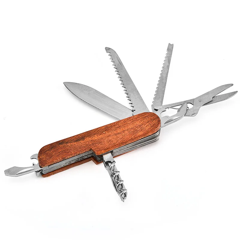 11 IN 1 Multi-purpose Knife Multitools Stainless Steel Folding Knife Wood Handle Outdoor Keychain Pocket Knife Tools