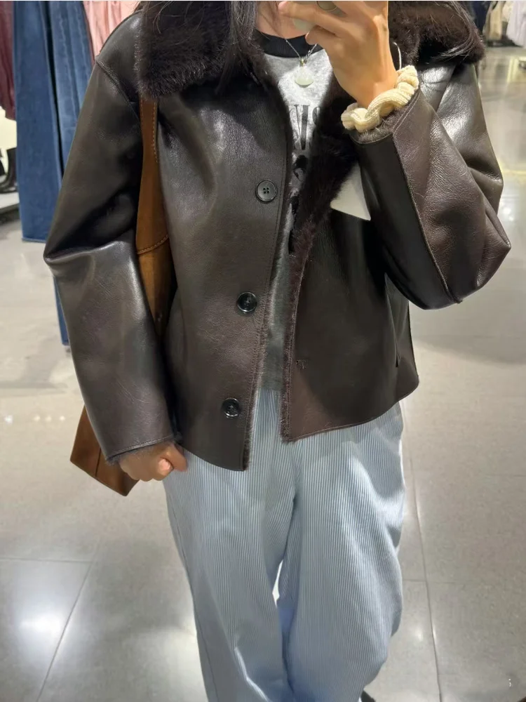 ملابس على الوجهين من الجلد الصناعي والفرو المتكامل فضفاض للنساء Jaet مجموعة شتوية جديدة عتيقة بأزرار طويلة Sve... #3