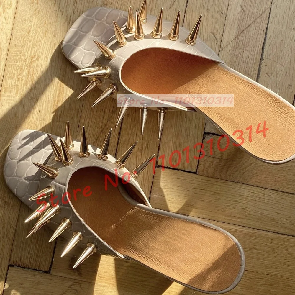 Open Toe Metal Spikes Mules Women Trending Sexy High Heels Patent Leather Gold Slippers Ladies Luxury Sparkly Party Chic Shoes