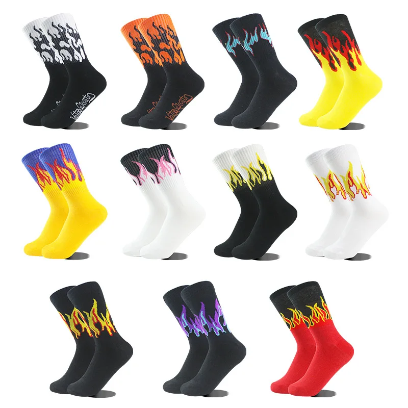 1 Pair Women Fashion Hip Hop Hit Color on Fire Crew Socks Red Flame Blaze Power Torch Hot Warmth Street Skateboard Socks