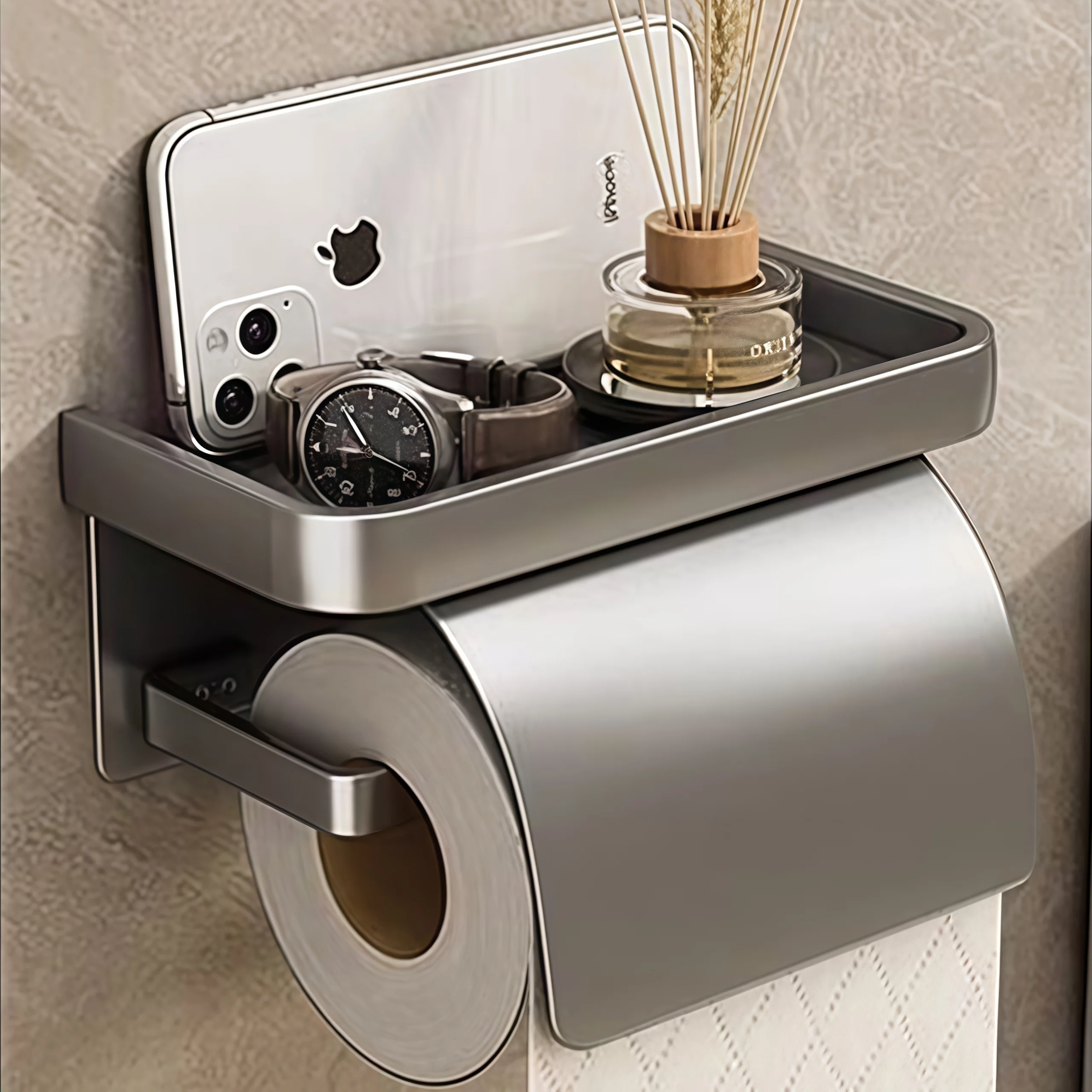 

Gray Bathroom Toilet Paper Holder Waterproof Wall-Mounted Toilet Roll Stand with Lid Bathroom Tissue Box No Drilling Required