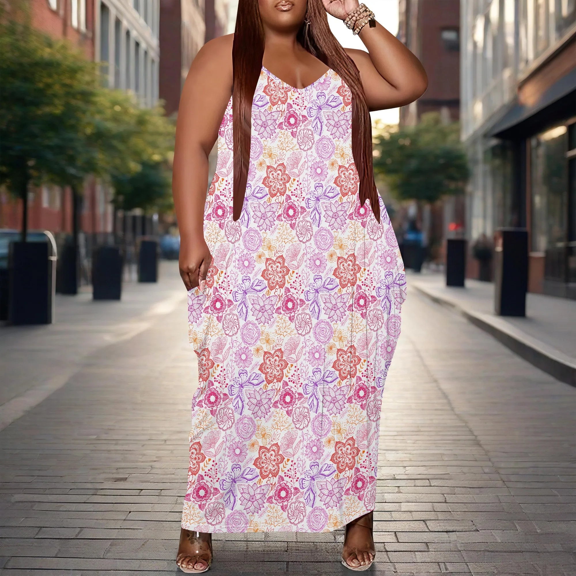 Women's Plus Size Dress Floral Print Loose Halter Maxi Dress with Pocket Stretchy Casual XL-6XL