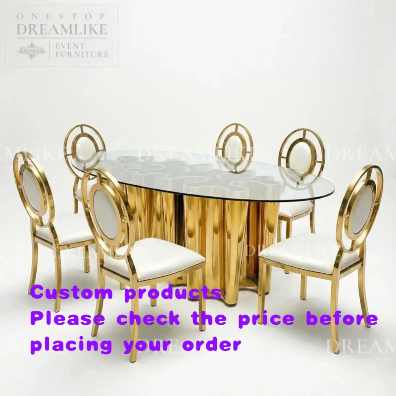 custom.Premium Curved Glass Wedding Event Table Stainless Steel Frame Banquet Furniture Bulk Order