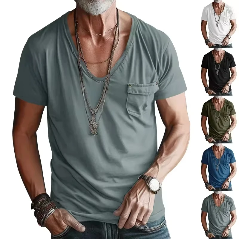 Cross-border Men's T-shirt Clothing Men's U-neck Solid Color Large Size Casual Short Sleeves Men Clothing T Shirt for Men