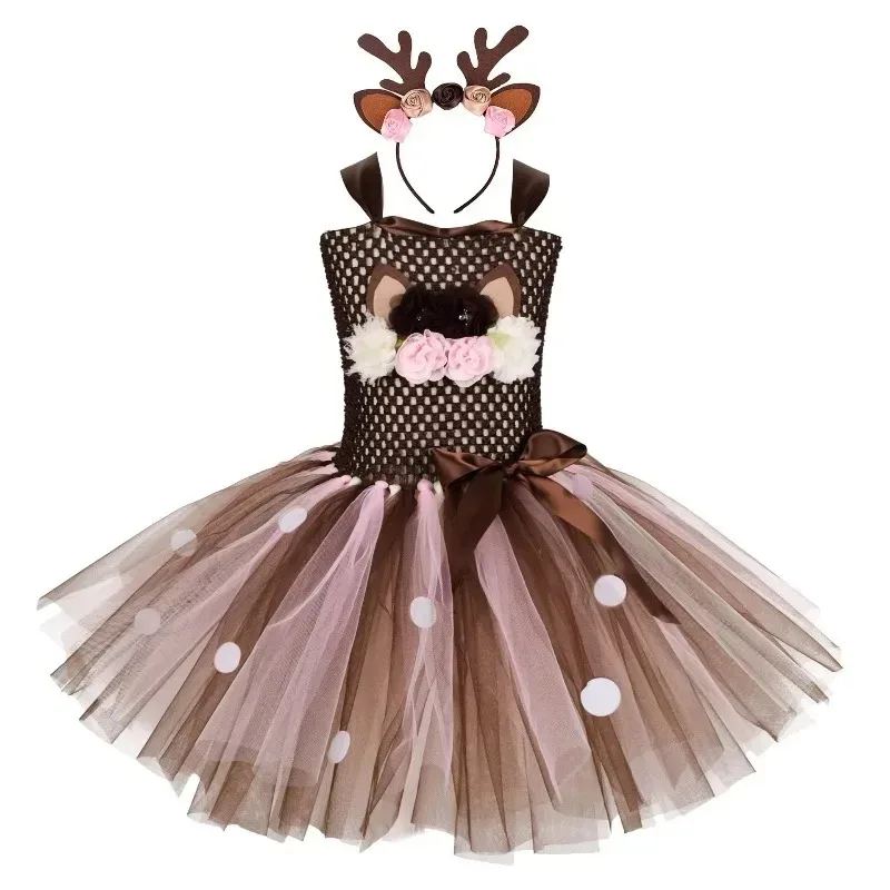 New Girl Christmas Giraffe Elk Pattern Princess Dress Kids Holiday Party Costume Children Festival Outfit Daily Wear Kids Cloths