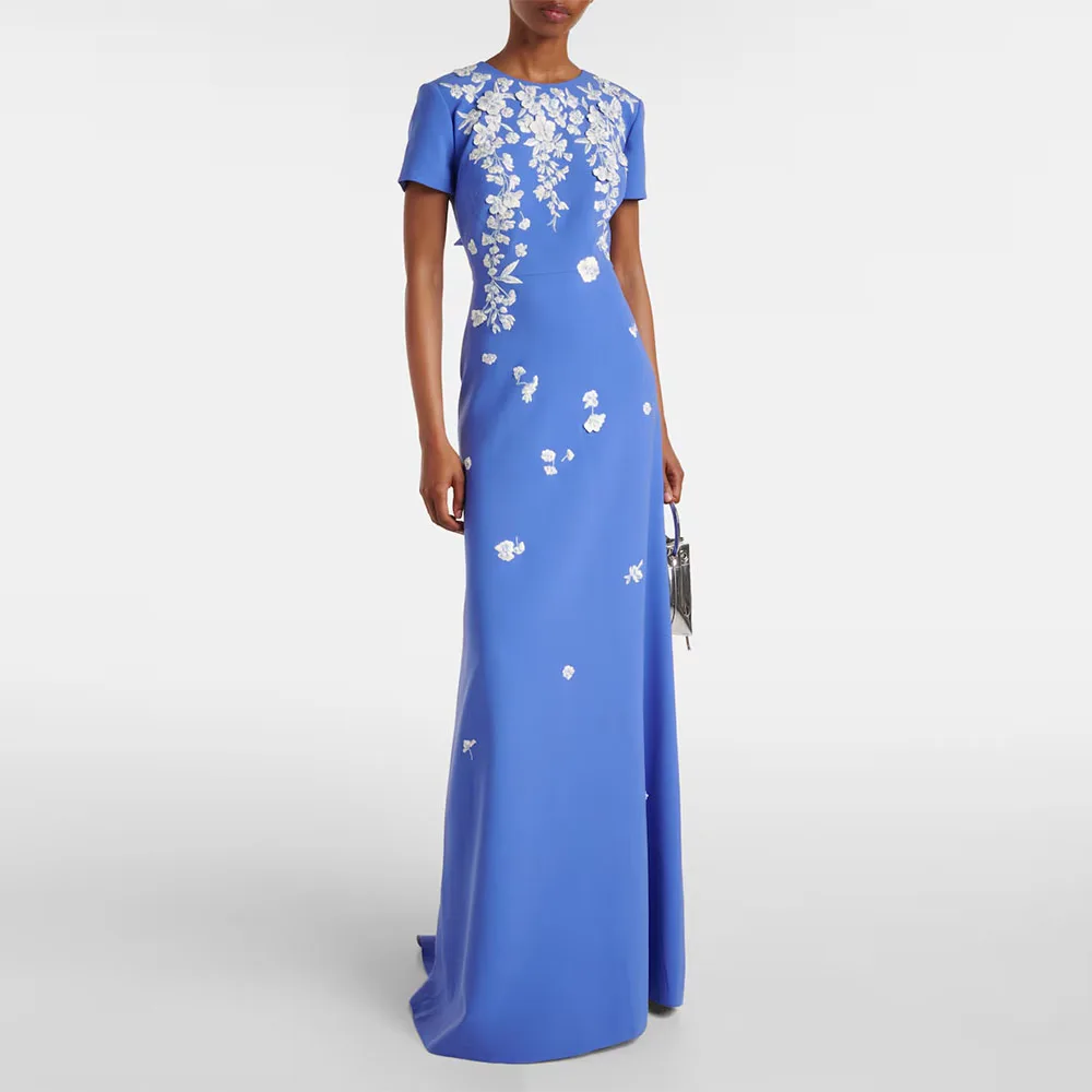 Modern Blue Women's Evening Gown Mermaid Floor Length Formal Party Dress O Neck Appliques Saudi Dress Short Sleevels Prom Dress