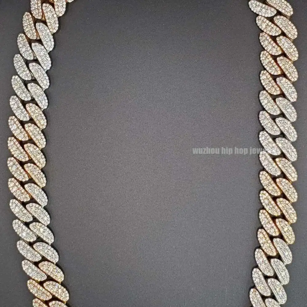 Luxury Fresh Moissanite Hiphop Chain 15mm Width S925 Silver Yellow Gold White Gold Double Tones Round Cut Moissanite Cuban Neckl